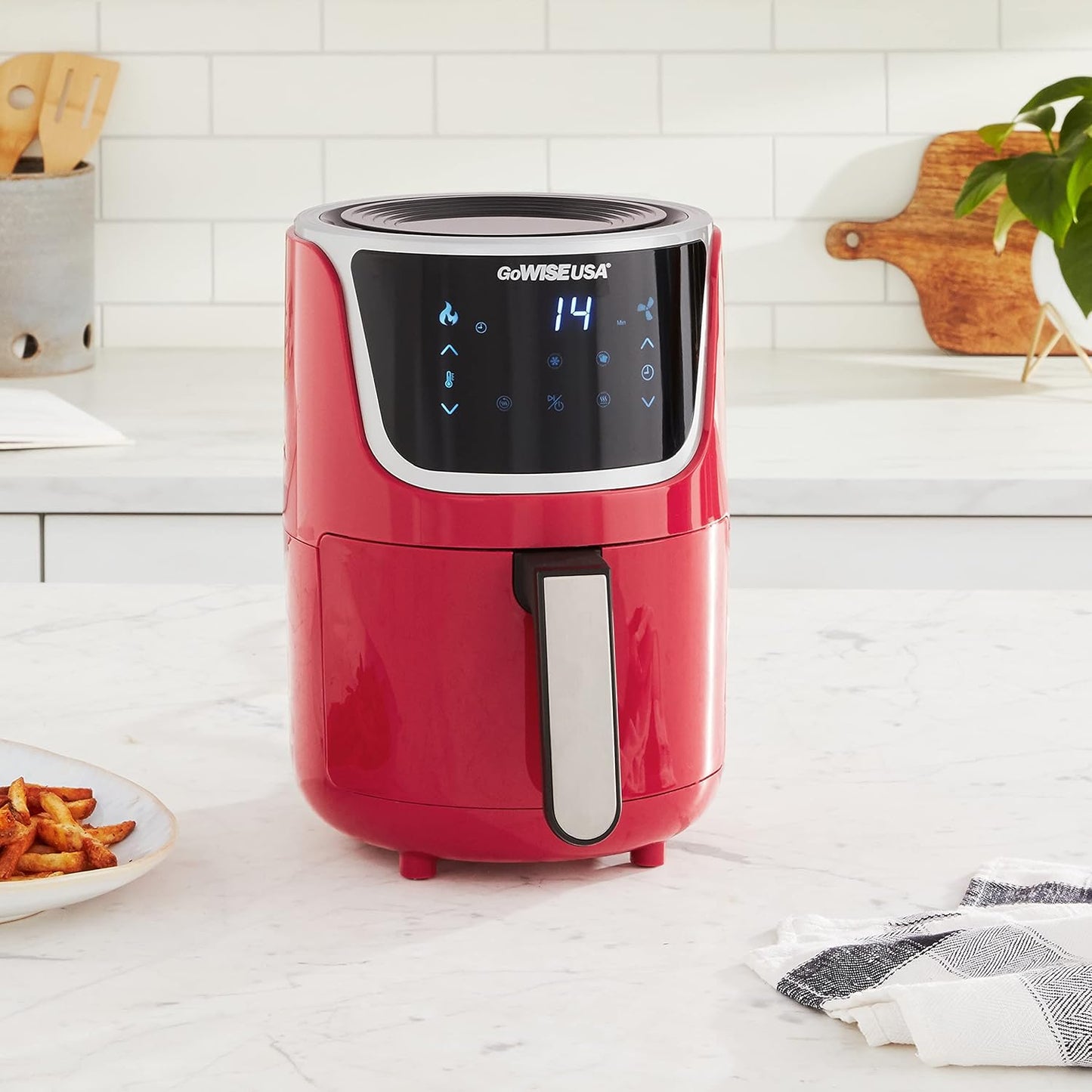 Electric Mini Air Fryer with Digital Touchscreen + Recipe Book, 1.7-Qt up to 2 Qt Max, Red/Silver