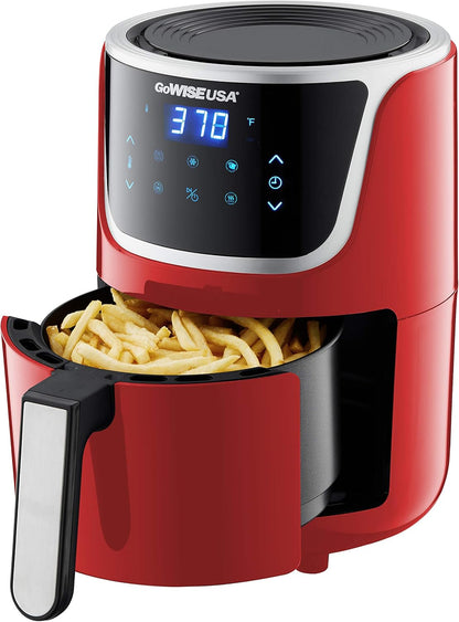 Electric Mini Air Fryer with Digital Touchscreen + Recipe Book, 1.7-Qt up to 2 Qt Max, Red/Silver