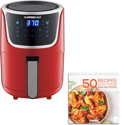 Electric Mini Air Fryer with Digital Touchscreen + Recipe Book, 1.7-Qt up to 2 Qt Max, Red/Silver